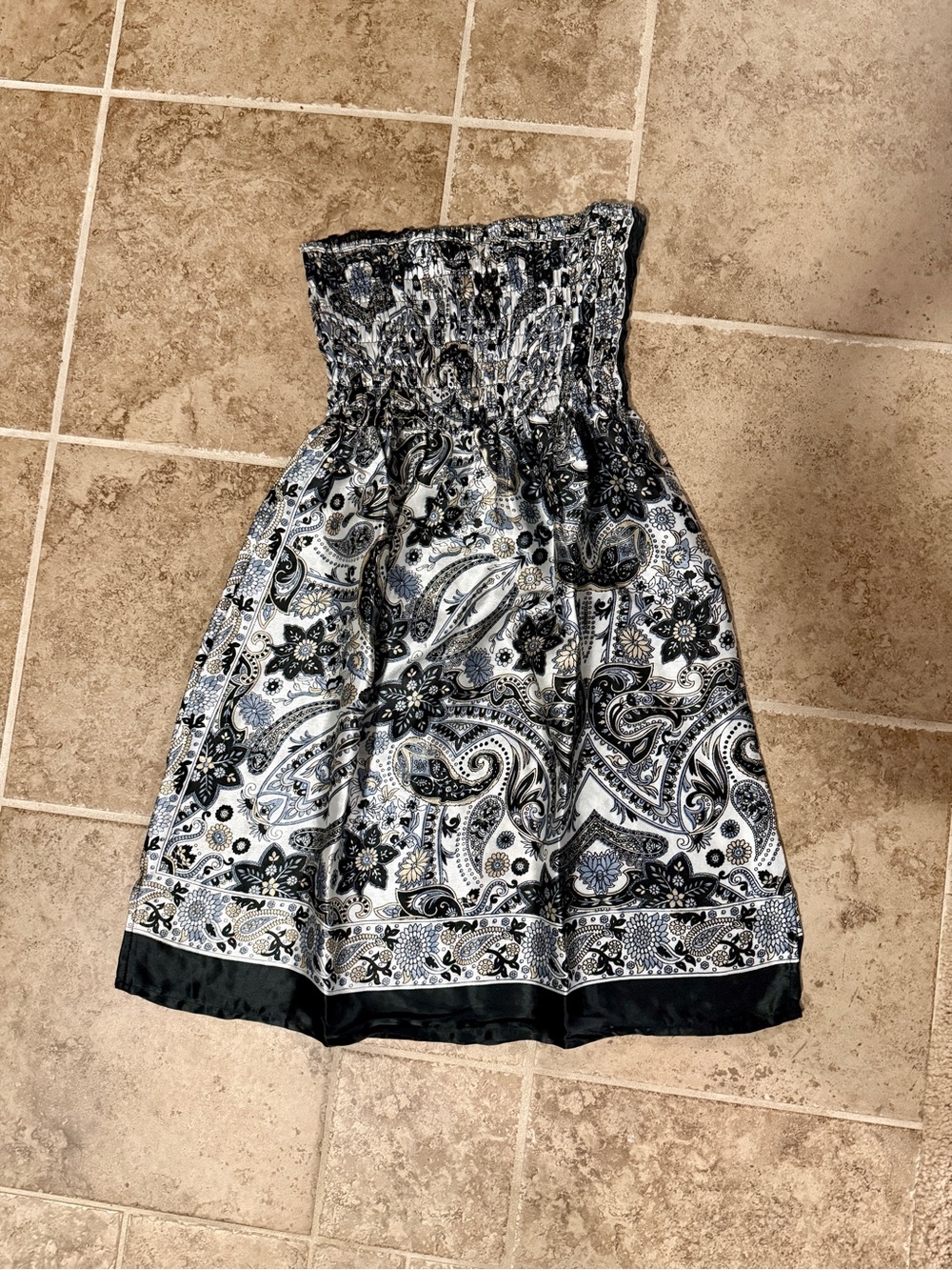 Strapless Smocked Paisley Print Dress in Black and White